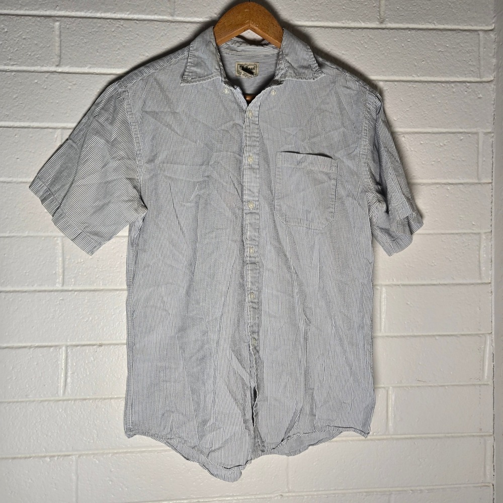 L.L.‎ Bean Mens Button Shirt Striped Seersucker Medium Nautical Summer Preppy